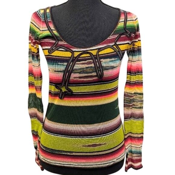 Jean Paul Gaultier Soleil Fuzzi Mesh Top Vintage Y2K Stripe Italy M Long Sleeve - Picture 2 of 16